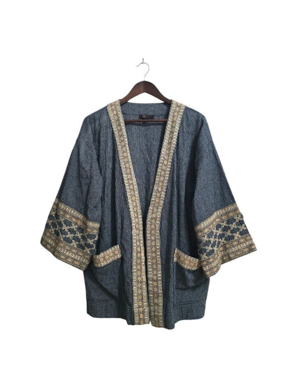 Frye Striped Open Front Embroidered Kimono Cardigan Sz S